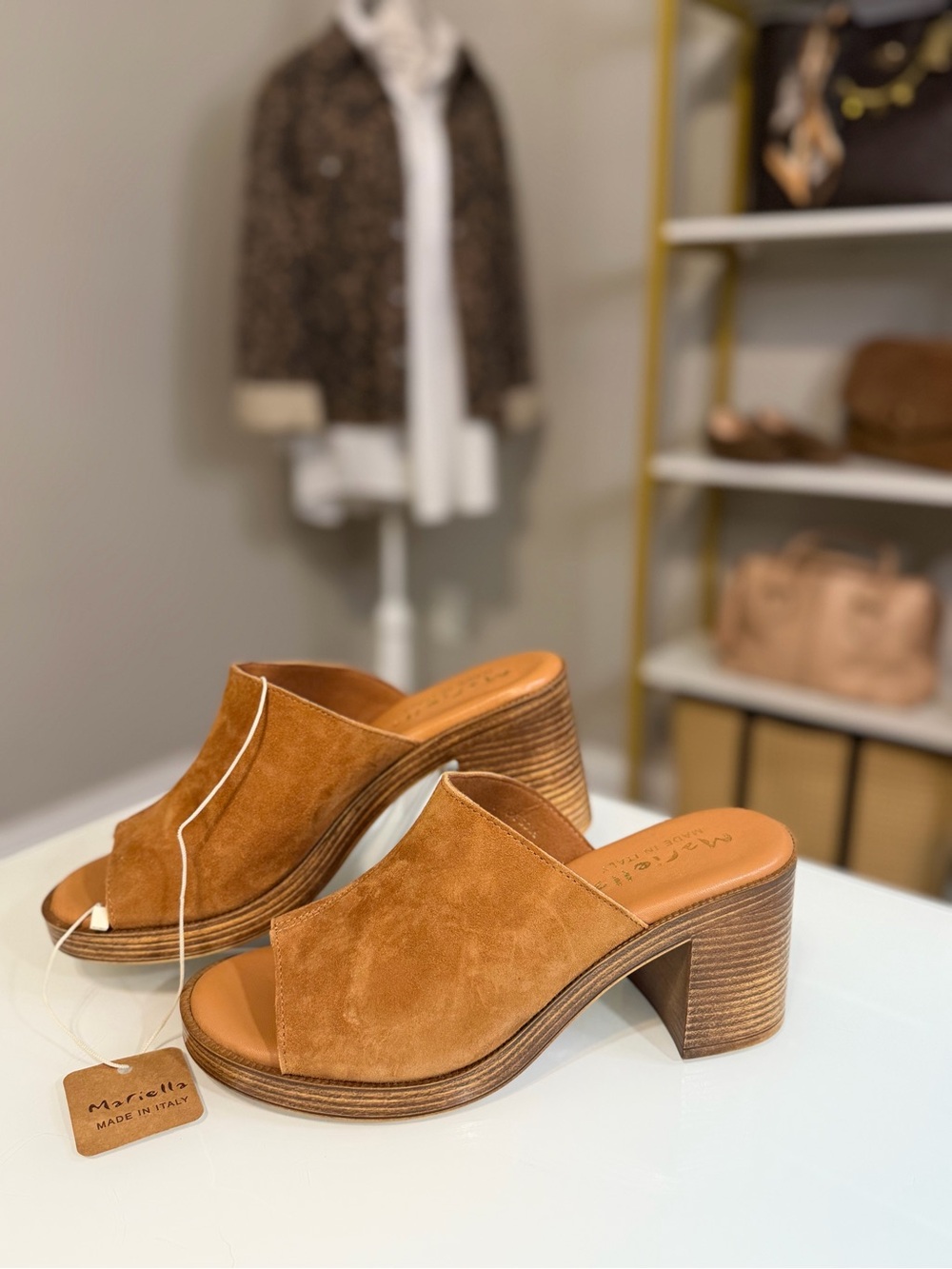 Mariella Tan Suede Open-Toe Block Heel Mules- size 9